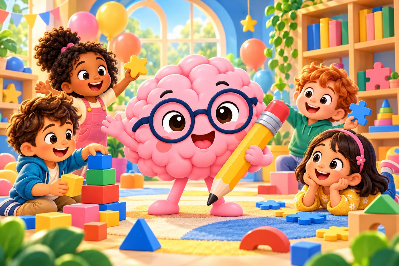 Pipo, o mascote do Genesis Kids, brincando com crianças numa sala colorida
