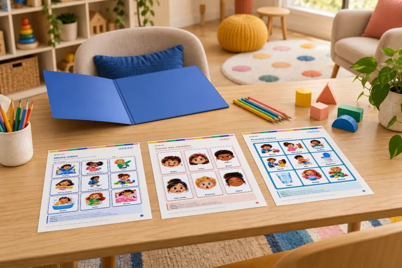 Recursos do Kit TEA e TDAH impressos sobre a mesa de um consultório infantil